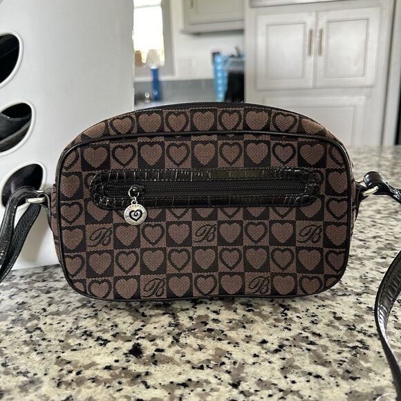 Brighton Crossbody‎ Womens Heart Canvas Leather Crossbody Brown Black - Picture 2 of 16